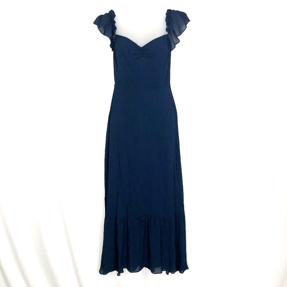 Reformation Butterfly Dress 2 Navy Blue Off Shoulder Ruffle Midi Sweetheart Neck